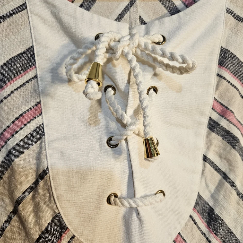 Tory Burch Top Striped‎ 3/4 Sleeve Lace Up Neckline Pink Navy White Size 6